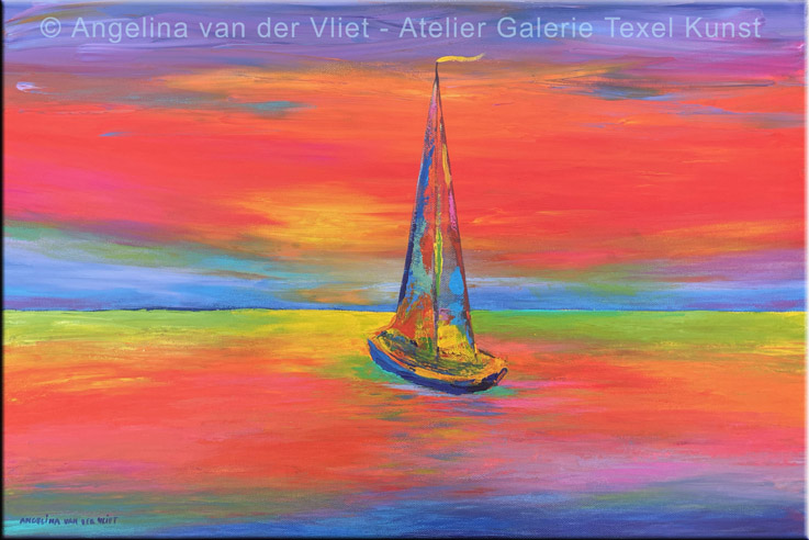 Gemaelde buntes boot auf see Texel von Texeler bildende Kuenstlerin Angelina Stiehl