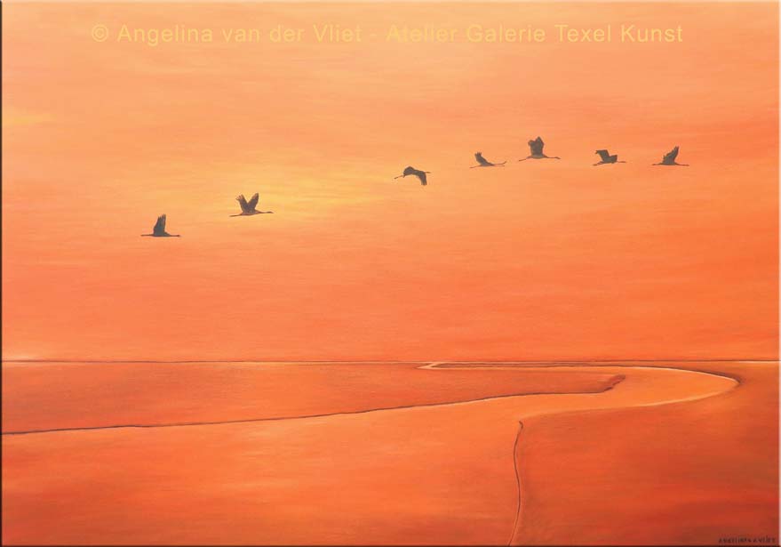 Gemaelde Kraniche fliegen euber dem Wattenmeer auf Texel von Kuenstlerin Angelina Stiehl