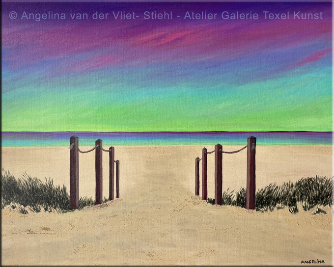 Gemaelde Texel Strandaufgang Kaap Noord Nordlicht von Texeler bildende Kuenstlerin Angelina Stiehl