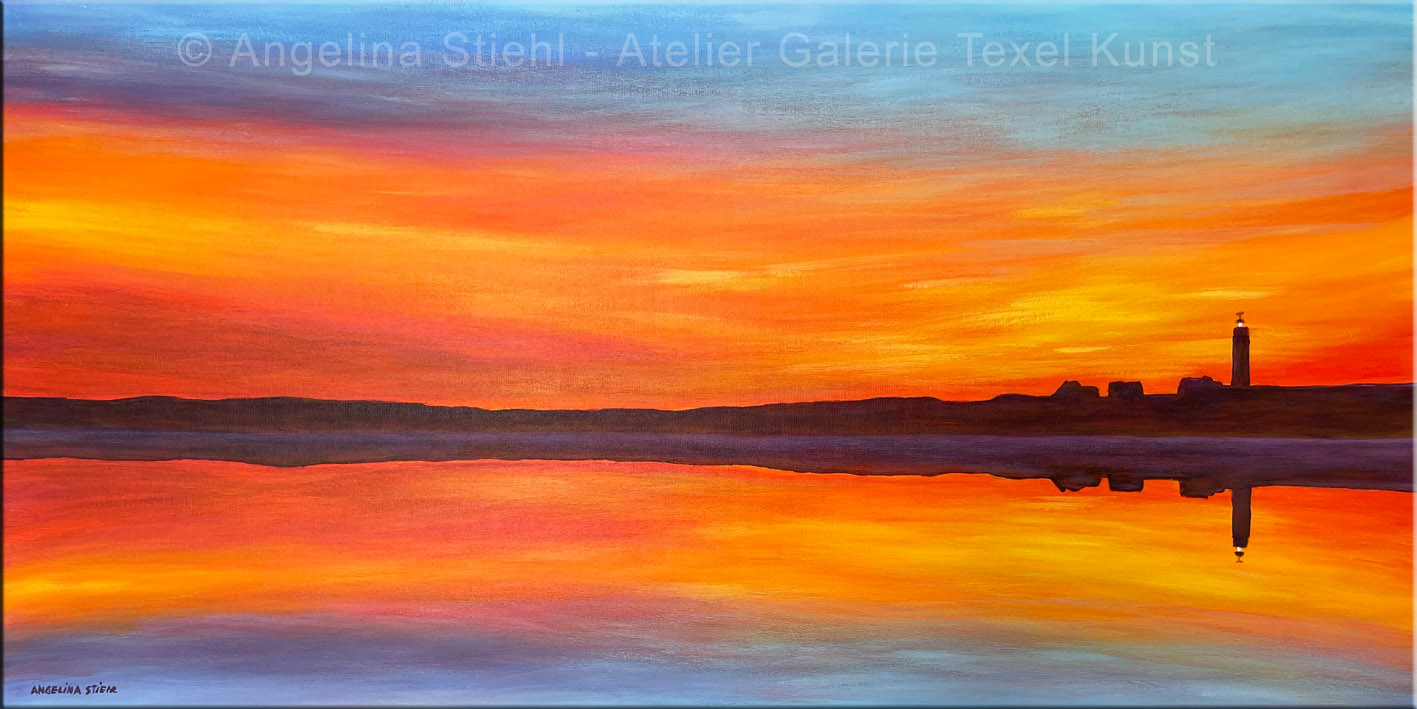 Gemaelde Leuchtturm Texel Sonnenuntergang spiegelung - gemalt von der K&uuml;nstlerin Angelina Stiehl
