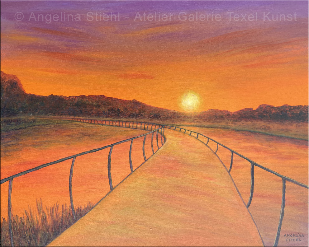 Gemaelde Sonnenuntergang Tureluurse Bruecke Texel bemalt von Texeler bildende Kuenstlerin Angelina Stiehl