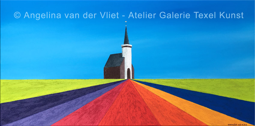 Schilderij Kleurrijk hoornder Kerkje van Texel door Angelina van der Vliet - Stiehl