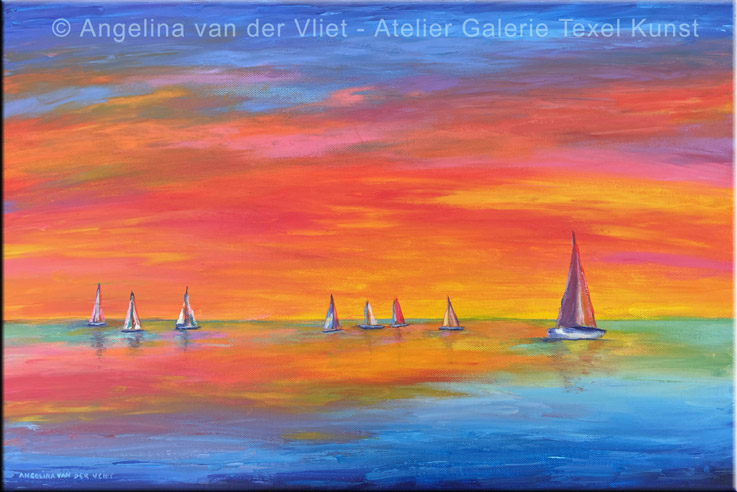 Schilderij Kleurrijk Bootjes op Zee Texel door Angelina van der Vliet - Stiehl