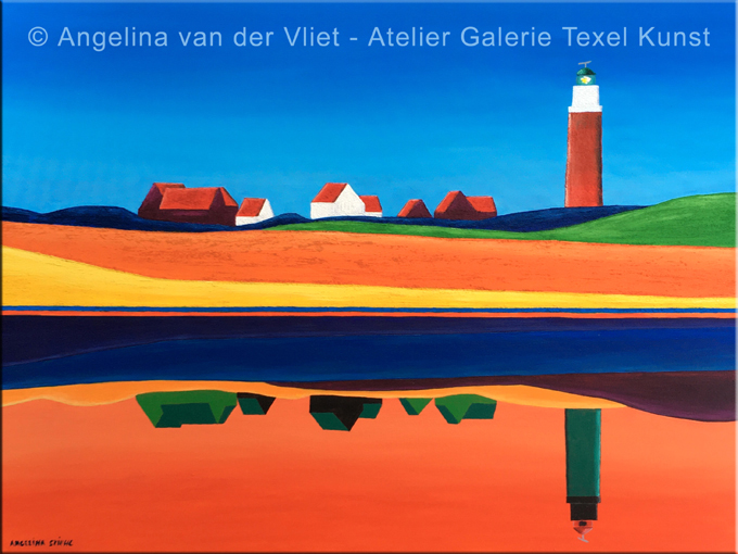 Schilderij Kleurrijke Vuurtoren van Texel met weerspiegeling door Angelina van der Vliet - Stiehl