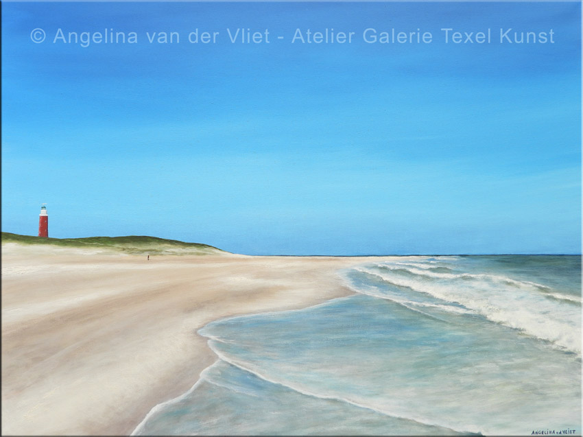 Schilderij Vuurtoren naar Paal 33 strand door Texels beeldend kunstenaar Angelina van der Vliet - Stiehl