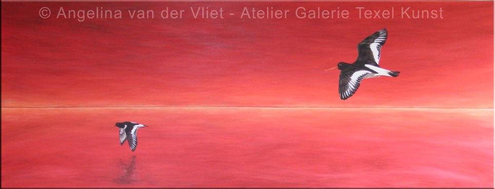 Schilderij Scholeksters vliegend over het Texelse wad door Angelina van der Vliet - Stiehl