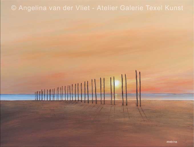 Schilderij Zonsopkomst Steiger Texel door Texels beeldend kunstenaar Angelina van der Vliet - Stiehl