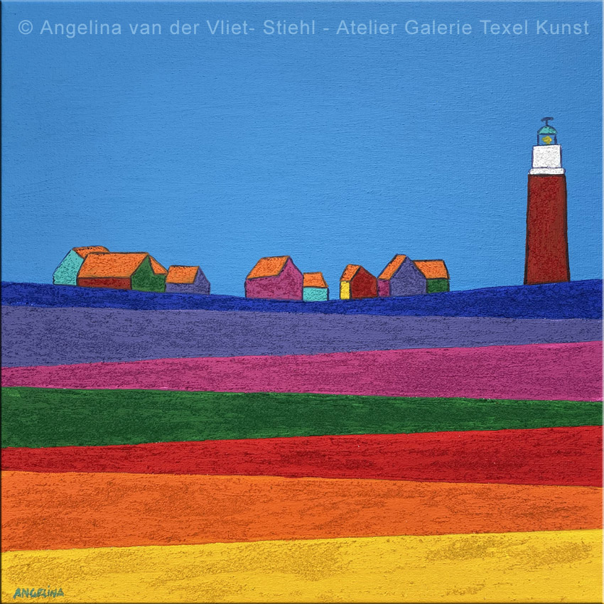 Schilderij Vuurtoren Texel Kleurrijk door Texels beeldend kunstenaar Angelina Stiehl