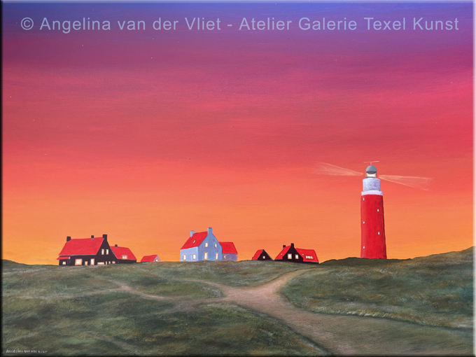 Schilderij Vuurtoren van Texel na zonsondergang in avondlicht door Angelina van der Vliet - Stiehl