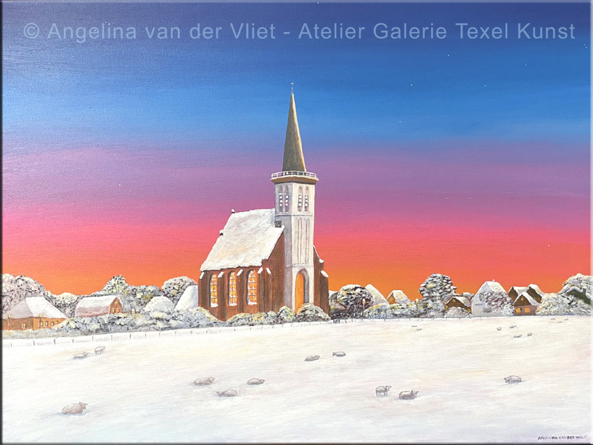 Schilderij Winters Hoornder Kerkje Texel door Texels beeldend kunstenaar Angelina van der Vliet - Stiehl