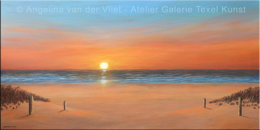 Schilderij Zonsondergang Duinen Strand Texel door Texels beeldend kunstenaar Angelina van der Vliet - Stiehl