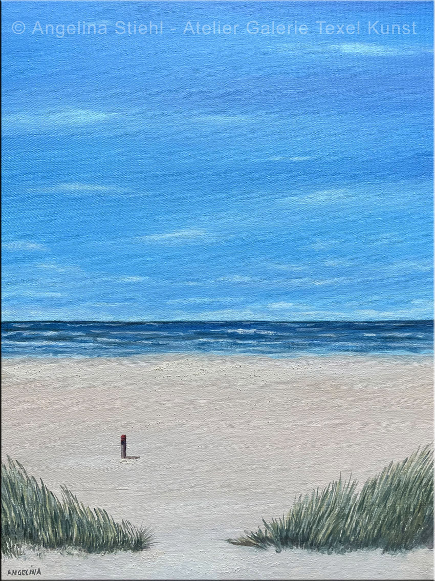 Schilderij Strandopgang met strandpaal Texel door Texels beeldend kunstenaar Angelina Stiehl