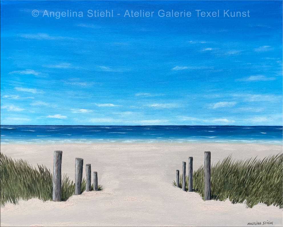 Schilderij Strandopgang Texel geschilderd door Texels beeldend kunstenaar Angelina Stiehl