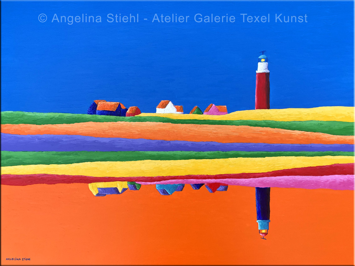 Schilderij Kleurrijke Vuurtoren Texel door Texels beeldend kunstenaar Angelina Stiehl